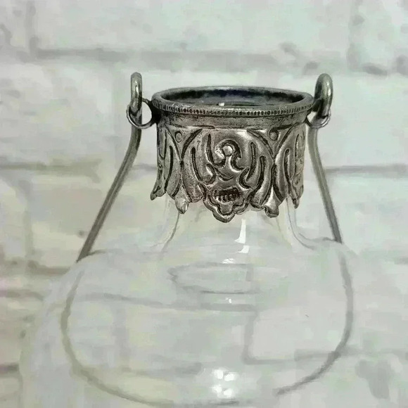 Large 14" Jug  Etched Crystal Tea Votive Candle Holder Silver Metal Handle - Picture 8 of 15